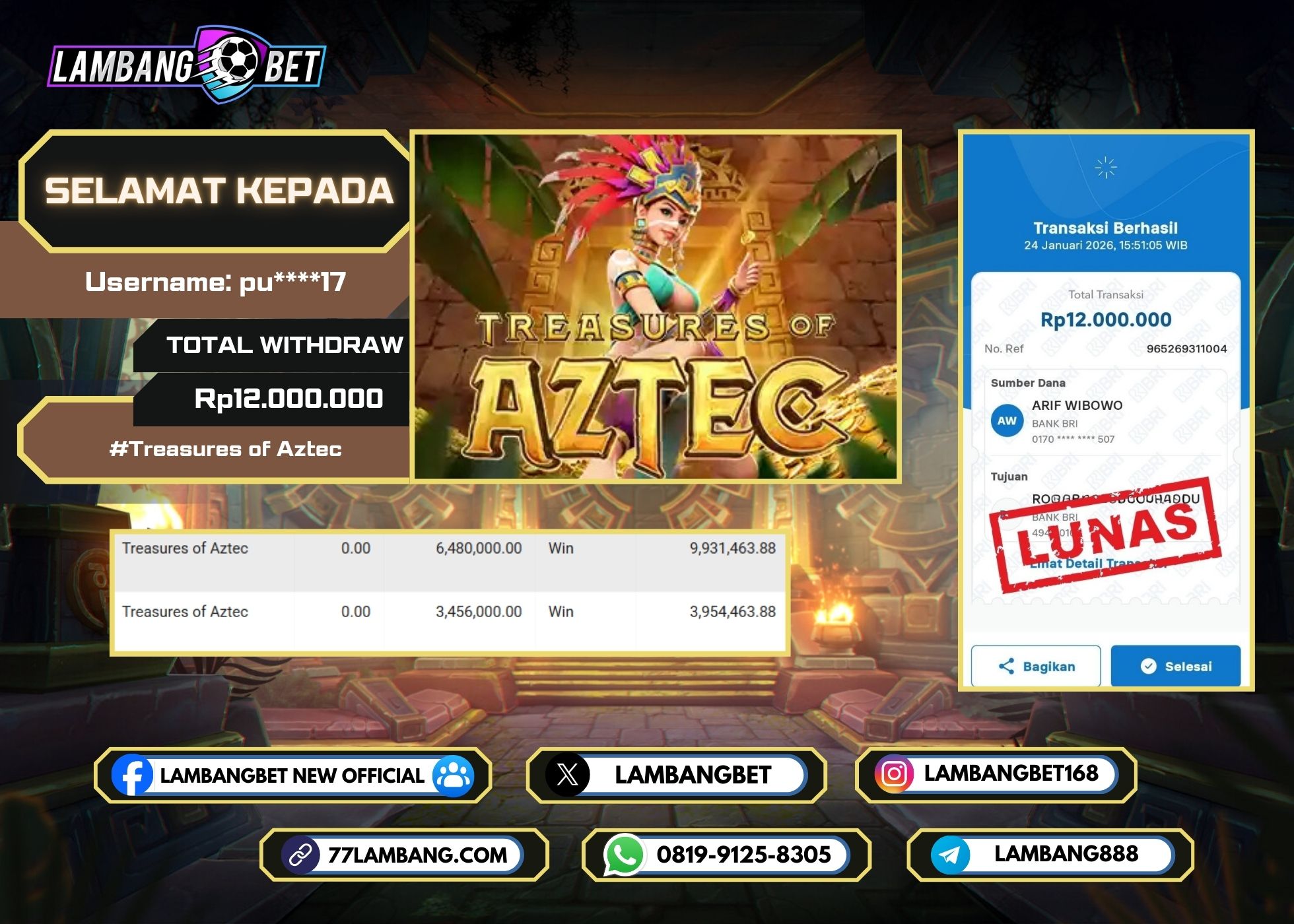 LAMBANGBET [24 JANUARI 2025] JACKPOT SLOT Treasures of Aztec "Rp12.000.000" LUNAS